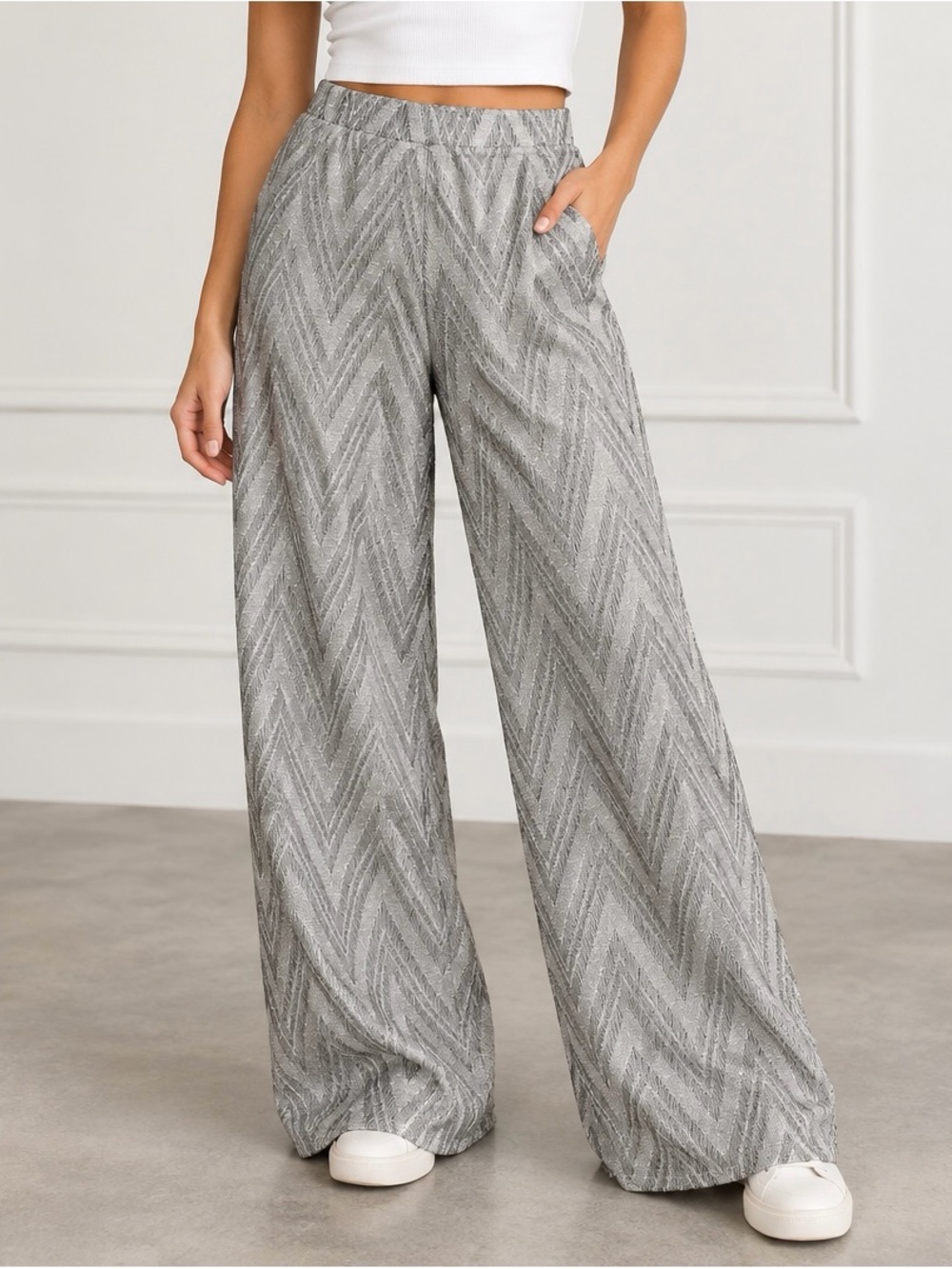Michaela by Michael B. Metallic Chevron Wide-Leg Pants